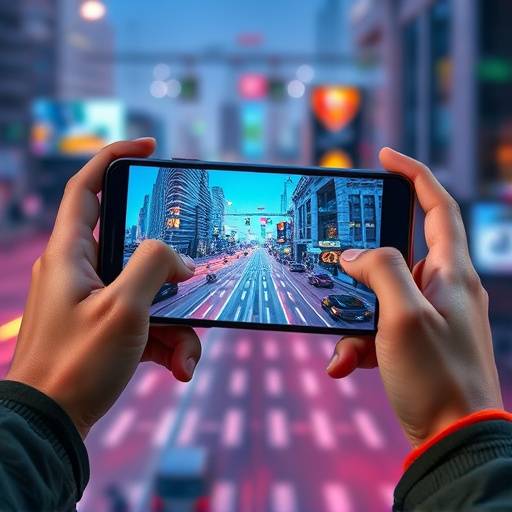 A person playing an AR game on their phone, with virtual elements overlaid on the real-world environment