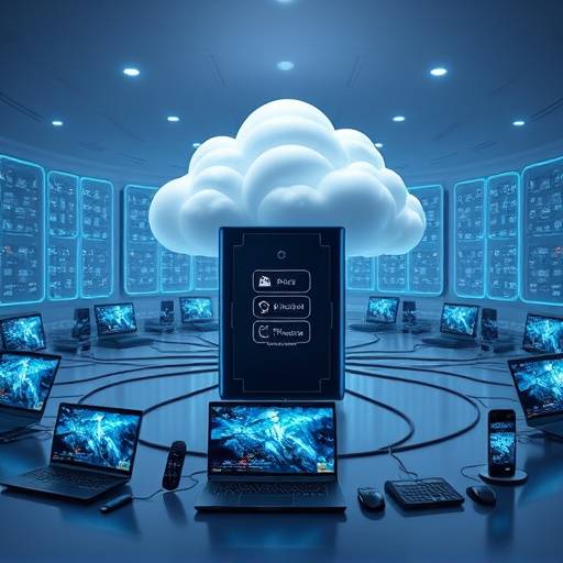 A representation of cloud gaming servers, showing multiple devices connected to a central hub
