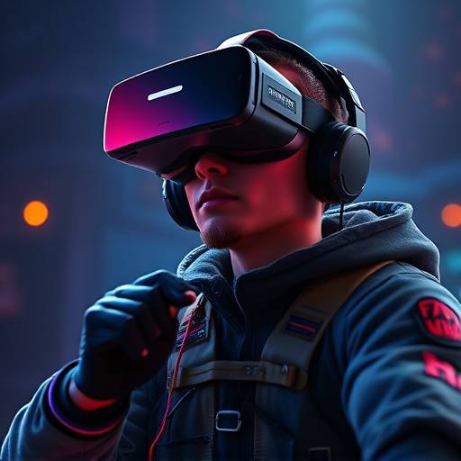 Action shot of esports player Kenji 'Shadowstrike' Tanaka in a VR headset, immersed in the virtual world of Cosmic Explorers VR during a live competition.