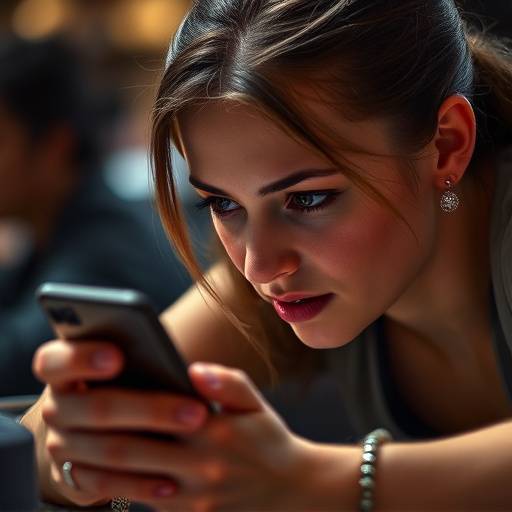 Close-up photo of professional gamer Anya 'Starlight' Petrova, focused and intense while playing on her mobile device during a tournament.