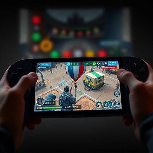 NovaTech Titan Gaming Tablet, displaying a strategy game on its large screen, with integrated shoulder buttons visible.