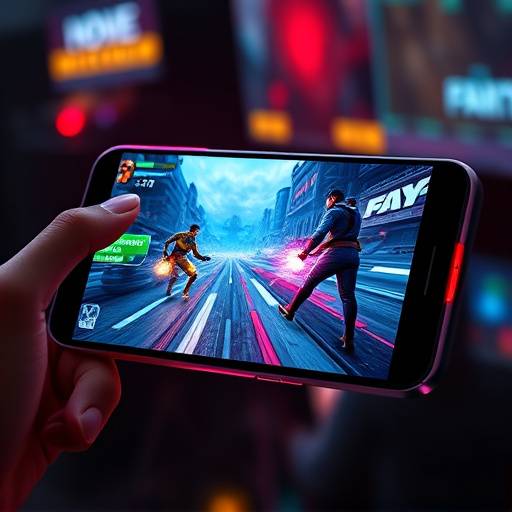 NovaTech Xtreme Gaming Phone, showcasing its sleek design and vibrant screen displaying a fast-paced action game.