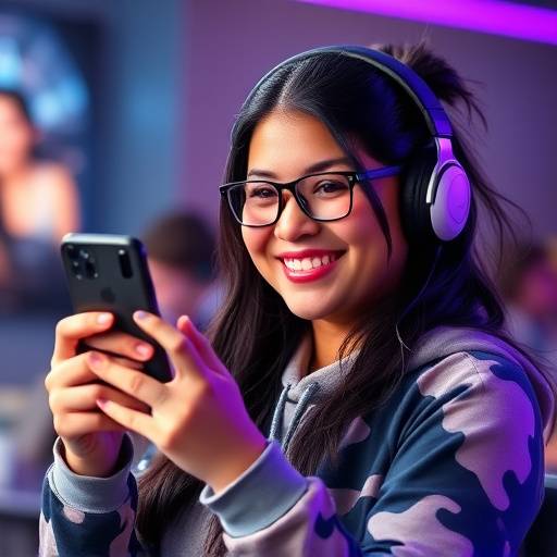 Portrait of Lena 'PixelQueen' Rodriguez, a professional gamer smiling confidently while holding her mobile phone after winning an AR Quest League match.