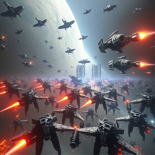 Screenshot from Galactic Clash Online, depicting a massive battle between futuristic armies.